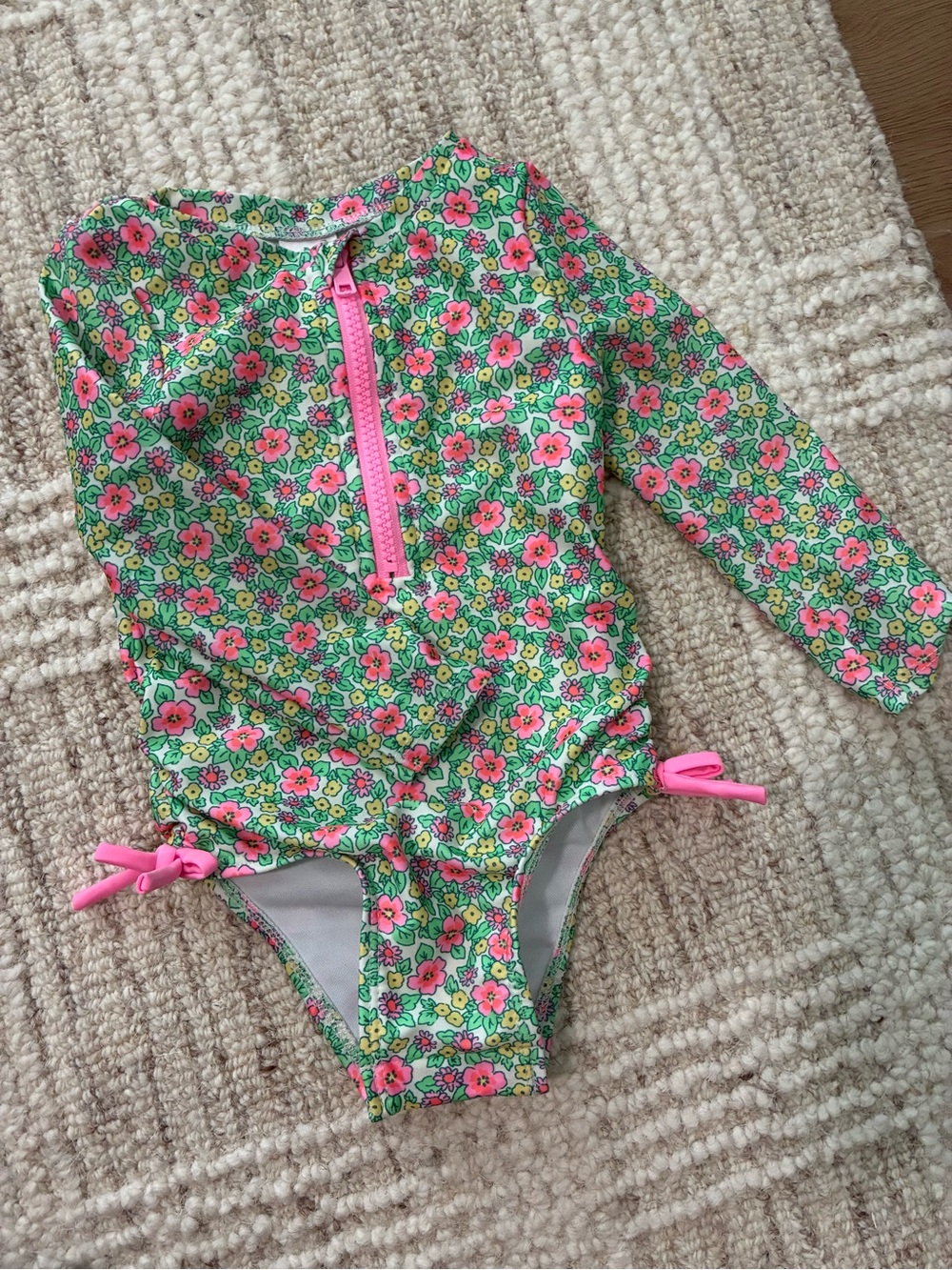Cat & Jack Girls' Floral Long-Sleeve One-Piece Swimsuit - Green & Pink
